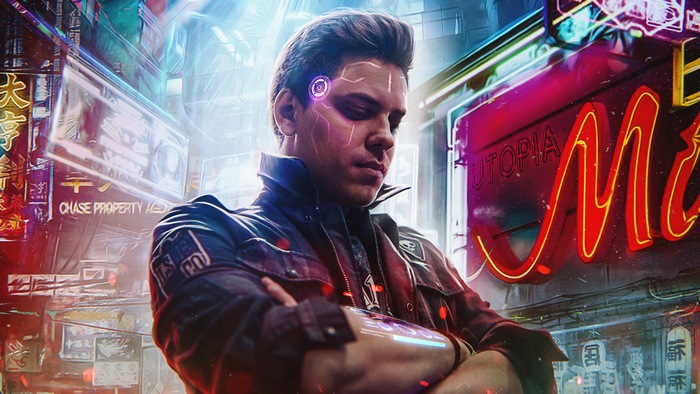 Man with cybernetic implants in Cyberpunk 4K