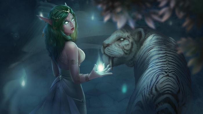 Tyrande Whisperwind, WoW, Elf, Fantasy, Girl, White Tiger, 4K