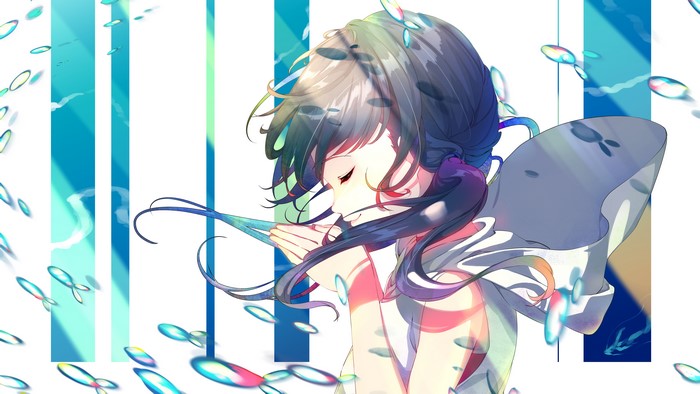 Anime girl with bubbles and blue stripes