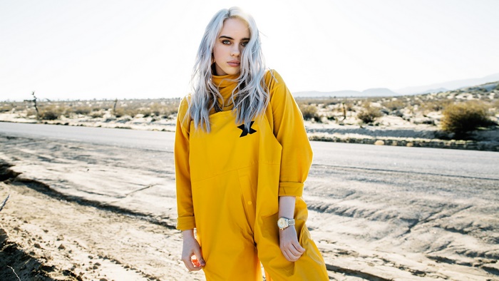 Billie Eilish in yellow jumpsuit in desert 4K