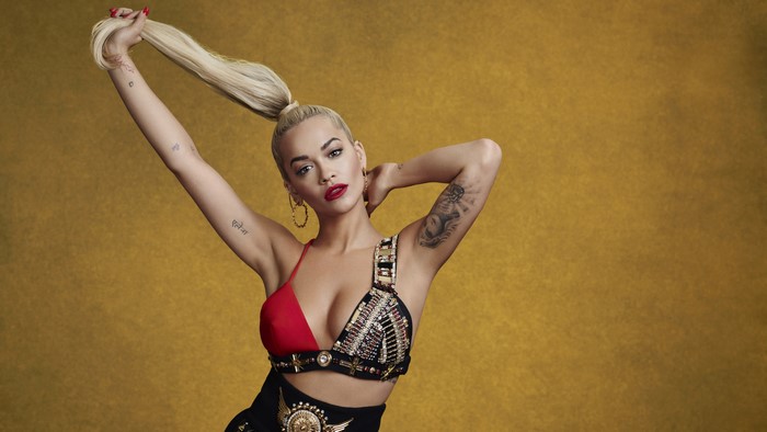 Rita Ora posing with blonde ponytail