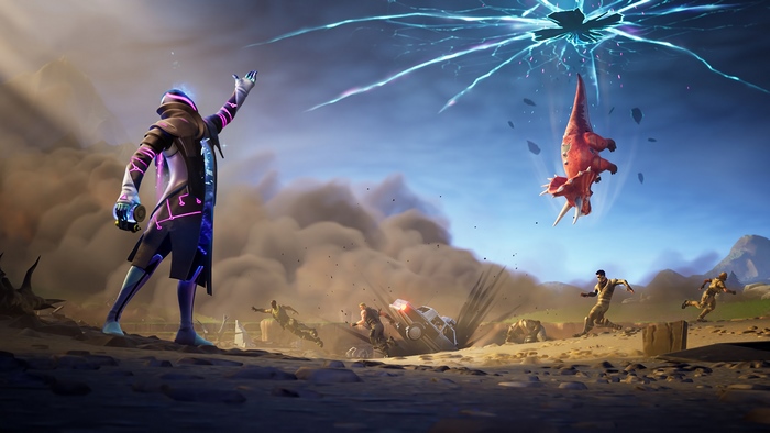 Fortnite character with lightning and dinosaur