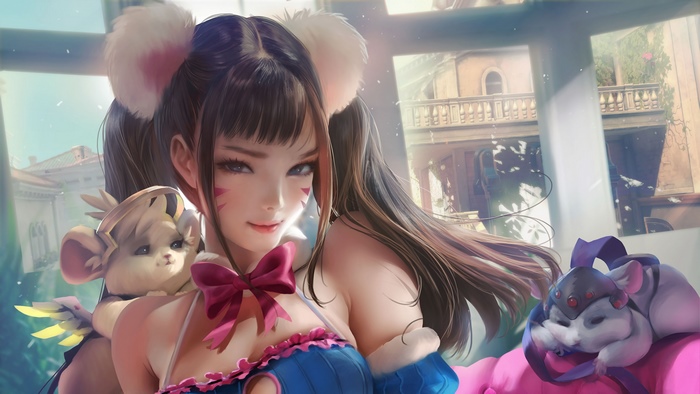 D.Va from Overwatch with two small creatures
