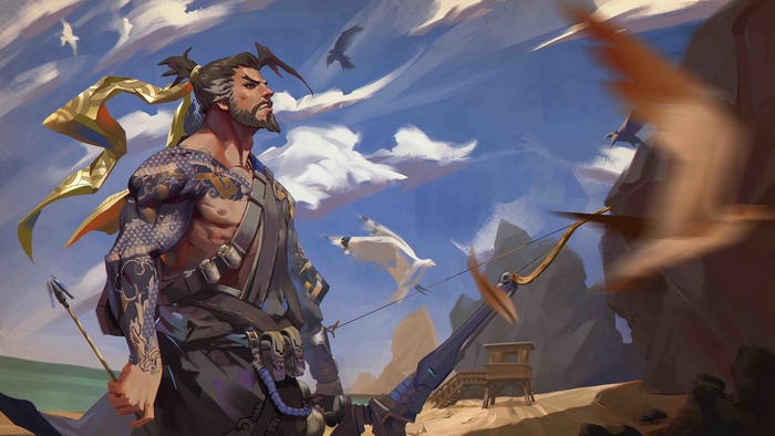 Hanzo from Overwatch with tattoos and bow