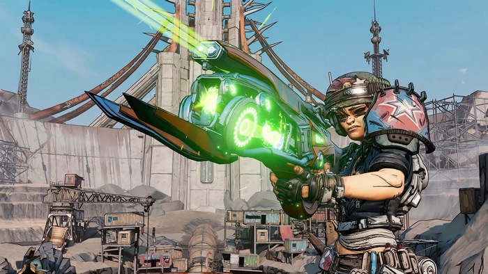 Moze from Borderlands 3 holding a weapon