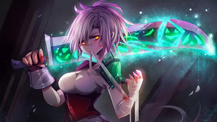 Riven from LoL holding a glowing sword 4K