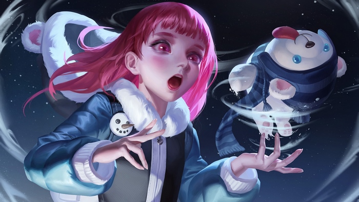 Annie from LoL with a polar bear companion
