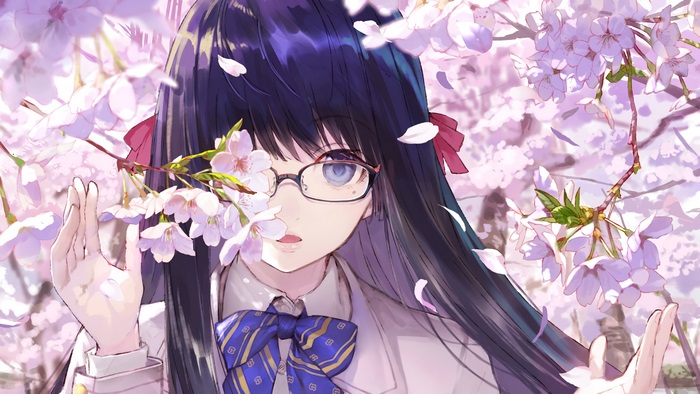 Anime School Girl with Glasses and Cherry Blossoms 4K