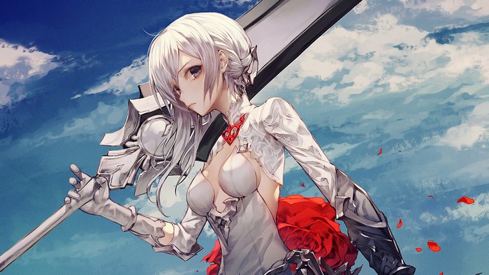 Anime girl with white hair and sword