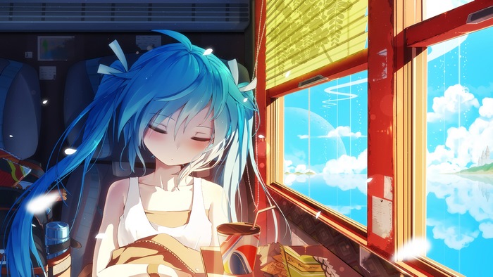 Hatsune Miku from Vocaloid sleeping on a train