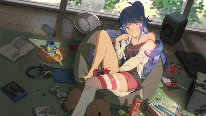 Anime girl with Playstation controller and snacks