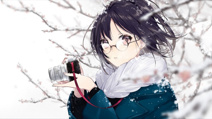 Anime girl with glasses holding a camera in winter