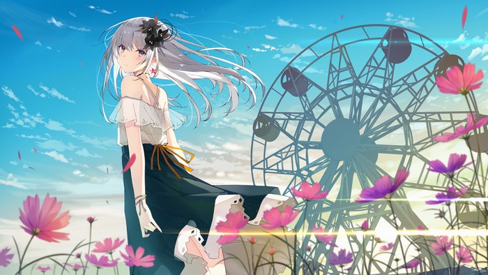 Anime Girl with Flowers and Ferris Wheel 4K