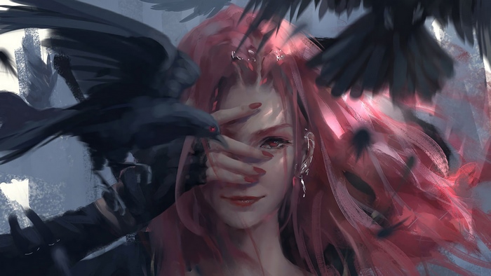 Fantasy Girl with Red Hair and Crows 4K