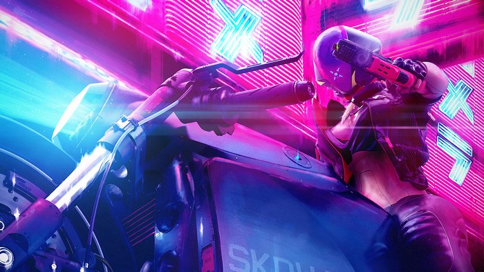 Cyberpunk, Girl, Motorcycle, Gun, 4K