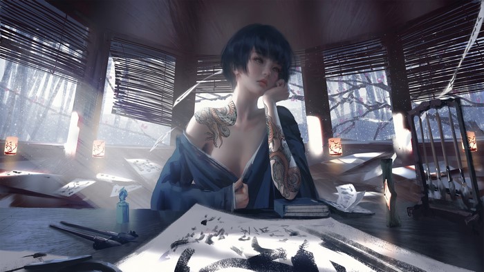 Asian girl with tattoos in a room with windows
