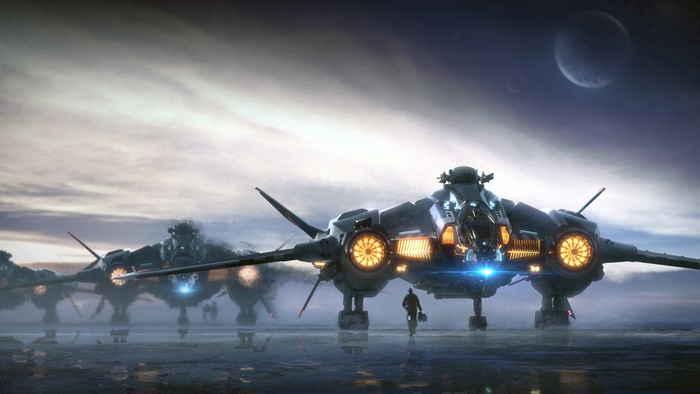 Star Citizen aircraft on a misty planet with a moon