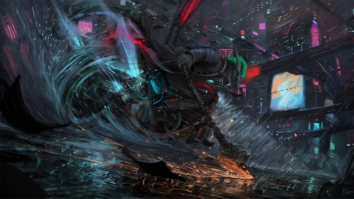 Cyberpunk character on a motorcycle in a rainy city 4K