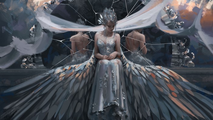 Woman with large wings in a broken mirror