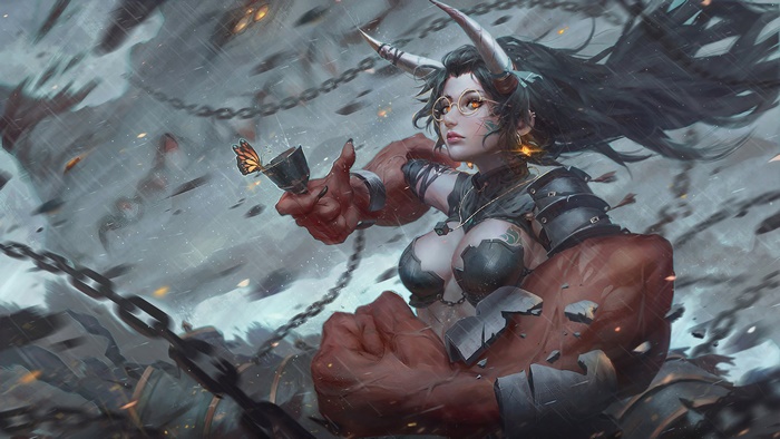 Fantasy Warrior Girl with Horns and Butterfly