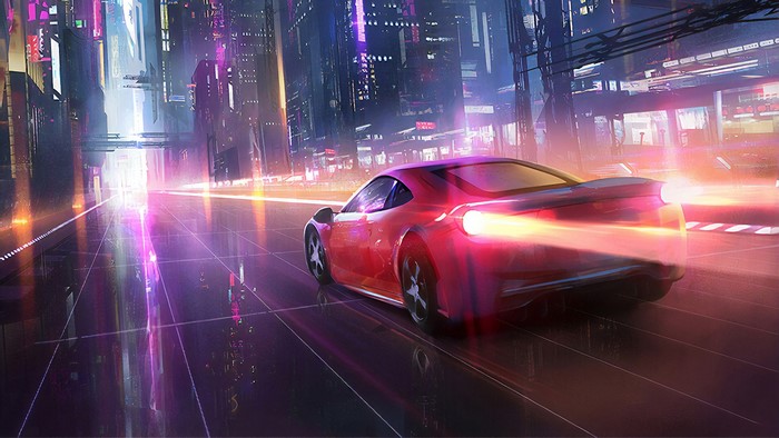 Red sports car driving through a neon cyberpunk city