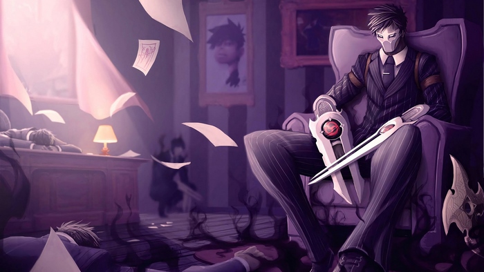Zed from League of Legends in a suit with scissors