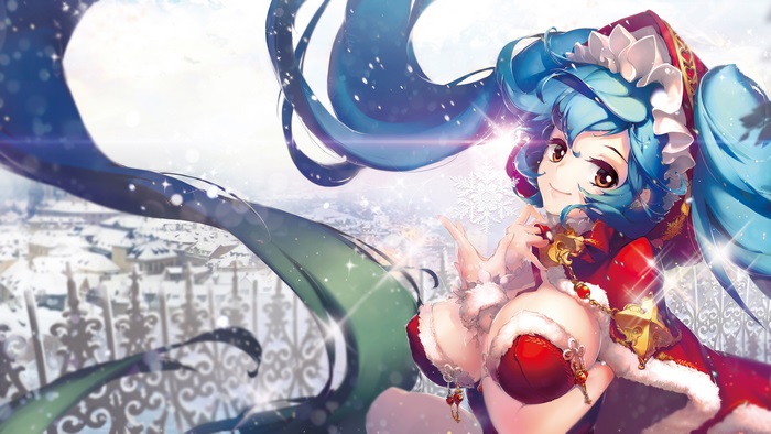 Anime girl in Santa outfit with blue hair