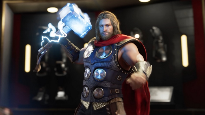 Thor from Marvels Avengers with Mjolnir and Lightning 4K