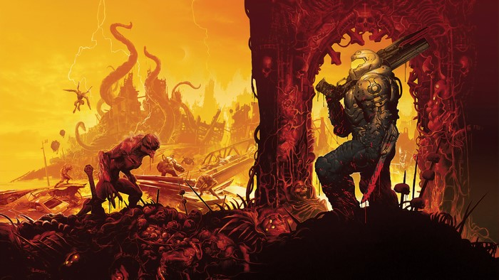 Doomguy from Doom Eternal in a hellish landscape
