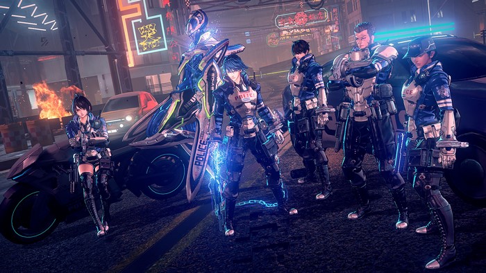 Astral Chain: Police Officers with Sword Legion and Motorcycle
