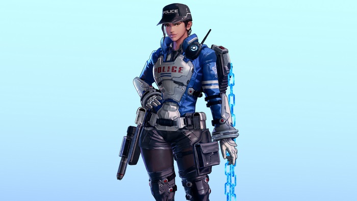 Female police officer with futuristic armor and weapon
