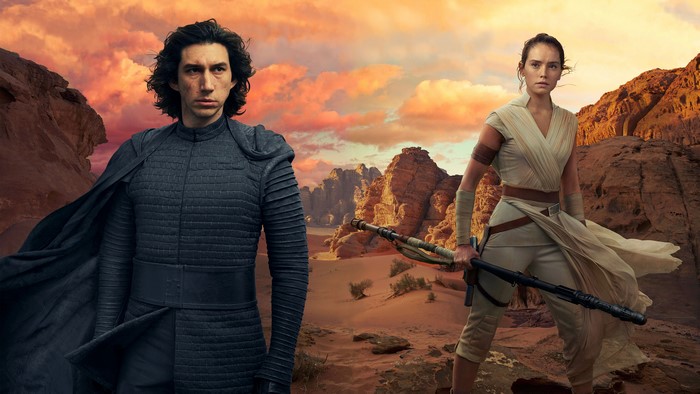 Kylo Ren and Rey from Star Wars in a desert landscape