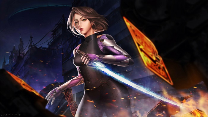 Alita Battle Angel with glowing sword in ruined city 4K