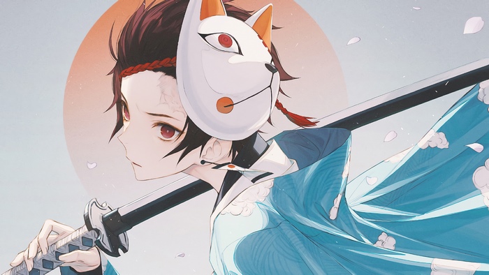 Tanjiro Kamado, Katana, Mask, Kimetsu no Yaiba, 4K