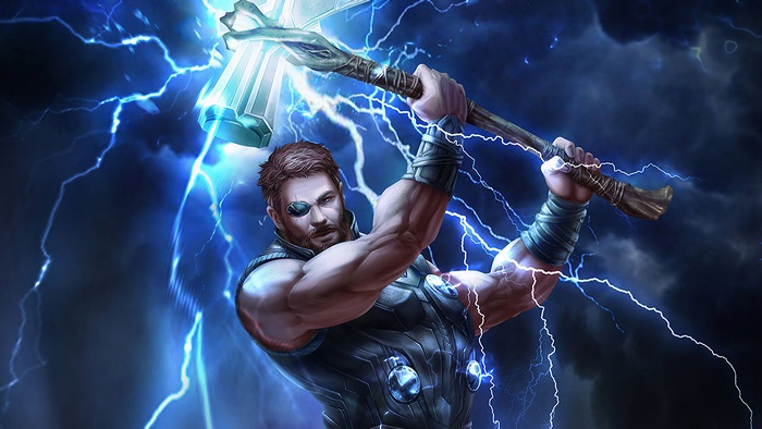 Thor from Avengers with Stormbreaker and lightning 4K