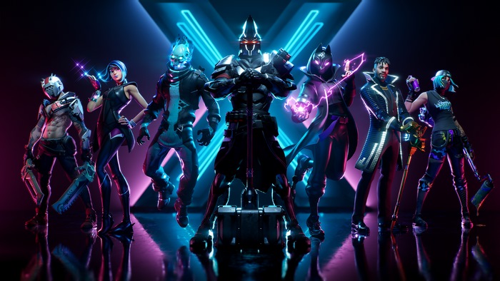 Fortnite characters in front of neon X