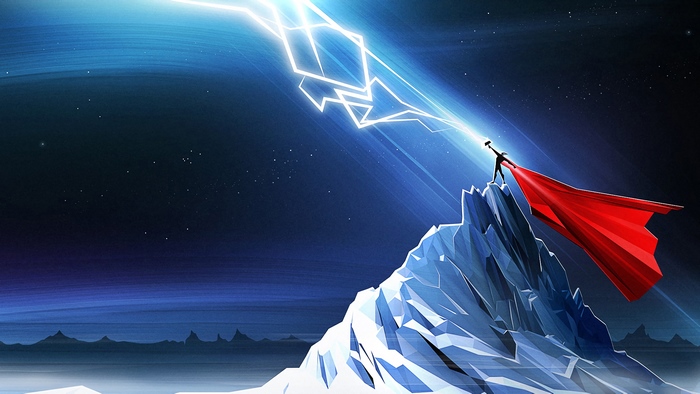Thor from Marvel summoning lightning on a mountain peak