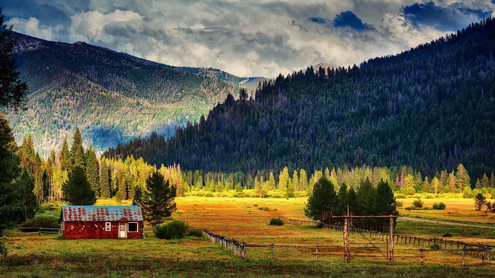 Red barn in a mountain valley with pine forest