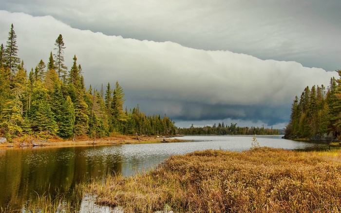 Lake surrounded by autumn forest under stormy clouds