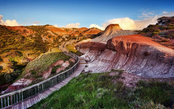 Wooden boardwalk winding through colorful hills under a blue sky