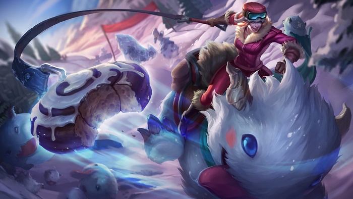 Sejuani from LoL riding a Poro in a snowy landscape