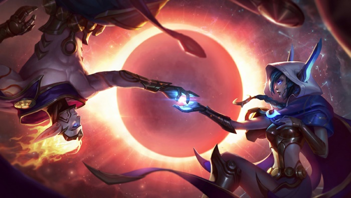 Xayah, Rakan, LoL, Cosmic Dusk, Cosmic Dawn, Splash Art, 4K