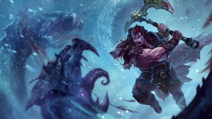 Darius from League of Legends fighting a monster in snow