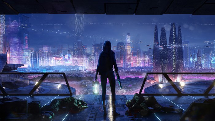 Sci-Fi Cityscape at Night with a Lone Figure