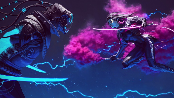 Cyberpunk Sci-Fi Fight with Neon Swords