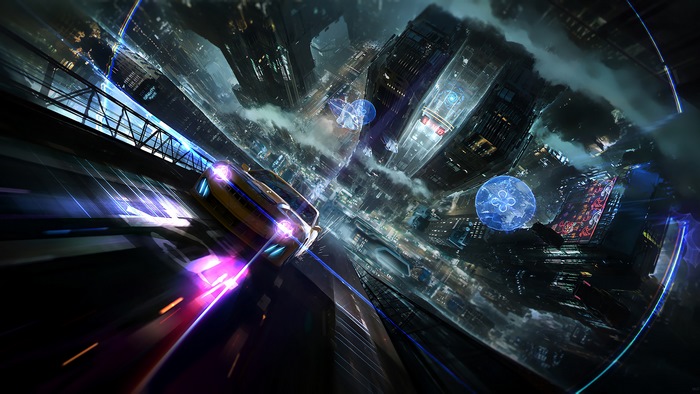 Cyberpunk Sci-Fi Cityscape with Racing Car at Night 4K