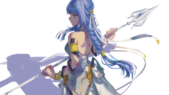 Anime girl with blue hair holding a spear