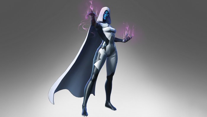 Blue-skinned woman in white and black suit with a cape