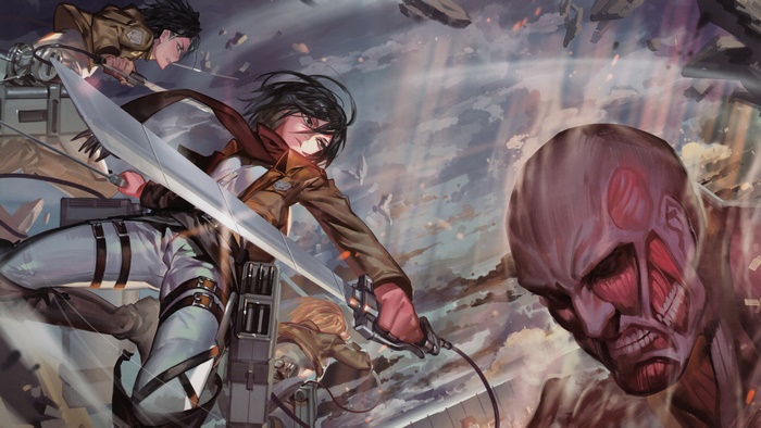 Mikasa Ackerman and Eren Yeager from Attack on Titan fighting a Titan
