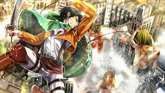 Levi from Attack on Titan fighting Titans